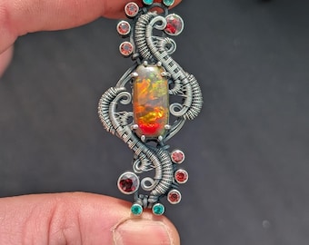 Schwarz Opal Sterling Silber Anhänger Halskette, Granat Smaragd Akzent