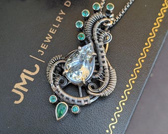 Aquamarine Elegant Wire Wrapped Pendant with Emerald Crystal Facets Sterling Silver by JMJ Jewelry Design