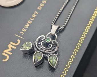 Green Tourmaline Wire Wrapped Tsavorite  Gemstone Sterling Silver Wire Necklace  Pendant by JMJ Jewelry Design Motion Kinetic Jewelry