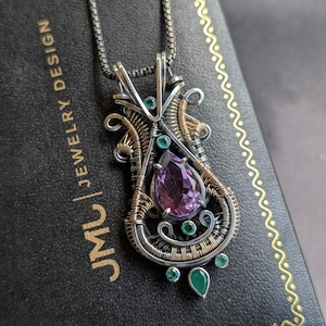 Amethyst & Emerald Pendant, 14K Gold Sterling Silver Wire Wrapped