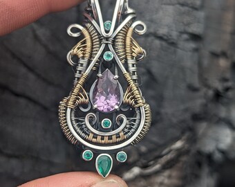 Amethyst with Emerald Heady Wire Wrapped Pendant 14K Gold & Sterling Silver by JMJ Jewelry Design