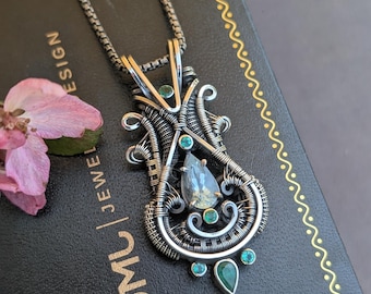 Aquamarine & Emerald Sterling Silver Wire Wrap Pendant Necklace