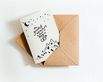 The Greatest Adventure Is About To Begin Wedding Card - printed on earth-friendly paper made from recycled coffee cups