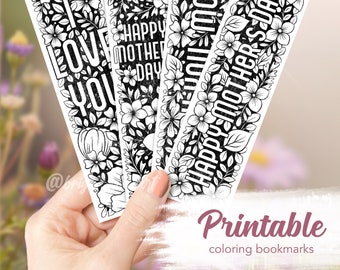 Printable Mother's Day Coloring Bookmarks, Printable Bookmarks, Linocut Style Bookmark, Coloring Pages Printable, Floral Coloring Bookmark