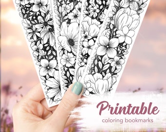 Printable Coloring Bookmarks, Printable Bookmarks, Linocut Style Bookmark, Coloring Pages Printable, Floral Coloring Bookmark