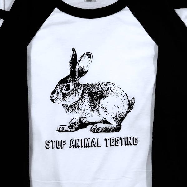 Stop Animal Testing Bunny Rabbit Vegan Vegetarian Animal Rights Rescue Liberation Activist Unisex 3/4 Sleeve Raglan Jersey T-shirt