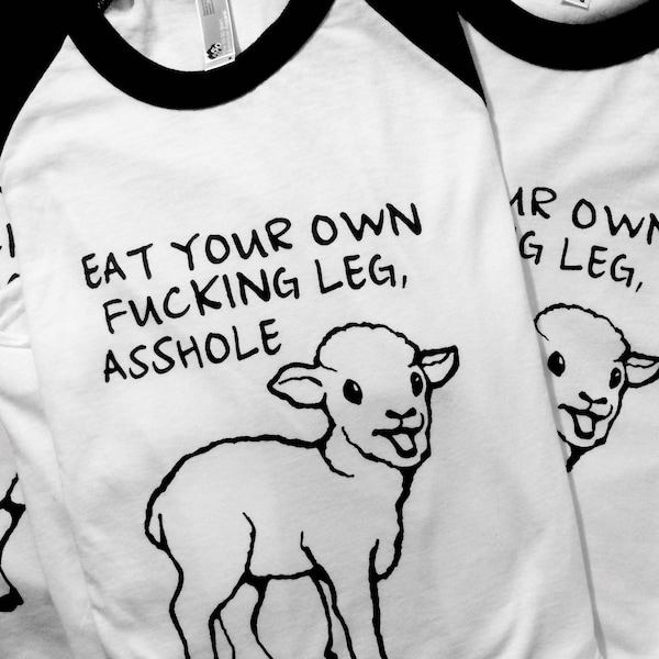 Eat Your Own Leg Vegan Animal Rights Activist Unisex 3/4 Sleeve Cute Lamb Raglan T-shirt Jersey
