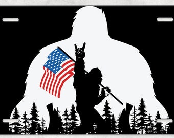 Bigfoot License Plate, Bigfoot Plate Frame, Bigfoot American Flag License Plate. Bigfoot with Flag Car Tag Sasquatch License Plate