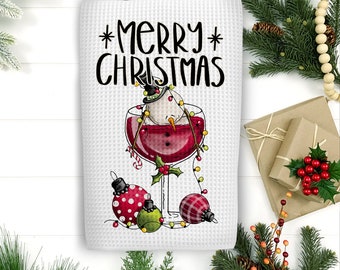 Feliz Navidad Tipsy Snowman Wine Glass Toalla de cocina - Toalla de té de Navidad - Decoración de cocina - Regalo de vino divertido - Muñeco de nieve Toalla divertida de vacaciones