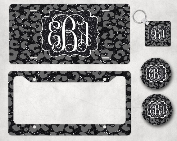 Faux Black Glitter with Gray Leopard License Plate, Leopard Plate Frame, Monogram Leopard Car Coasters