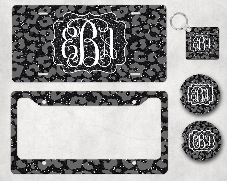 Faux Black Glitter con placa de leopardo gris, marco de placa de leopardo, posavasos de automóvil monogram Leopard imagen 1