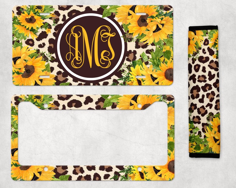 Car Accessories,Sunflower Personalized Plate and Frame,Leopard License Plate Sunflower Leopard License Plate Custom Tag,Coasters Key chain