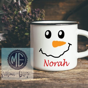 Taza de campamento personalizada, taza de campamento para niños, taza de coco caliente para niños, taza de muñeco de nieve para niños, taza de cara de muñeco de nieve, taza de campamento de Navidad, taza de muñeco de nieve imagen 1