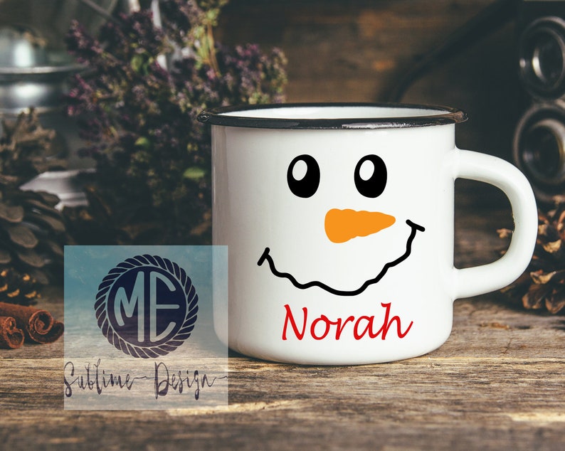 Taza de campamento personalizada, taza de campamento para niños, taza de coco caliente para niños, taza de muñeco de nieve para niños, taza de cara de muñeco de nieve, taza de campamento de Navidad, taza de muñeco de nieve imagen 1