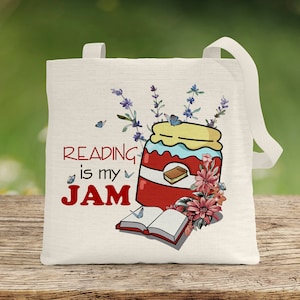 READING is my JAM Tote Bag, Retro Shopping Tote, Farmer&#39;s Market Tote, Farmhouse Shopping Bag, Linen Tote Bag, Library Book Bag,  Tote Bag