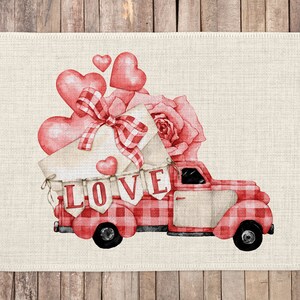 Valentines Day Linen Placemats, Valentines Day Truck Placemats, Flower Truck Placemats, Flower Truck Kitchen Decor, Valentines Day Decor