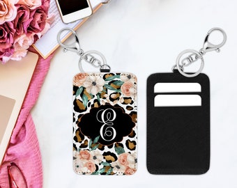 Personalized Cardholder Keychain, Key Fob Wallet, Cardholder Keychain, Gift Card Holder, Floral Leopard Card Holder, ID Holder