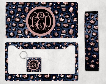 Blush and Navy Leopard Print License Plate and Plate Frame, Monogram Leopard License Plate, Leopard Car Coasters, Leopard Key Chain