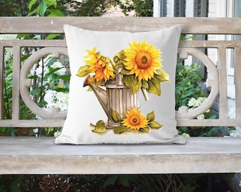 Rustic Sunflower 18x18 Pillow//Custom Pillows//Housewarming Gifts//Pillow Cover//Throw Pillow//Farmhouse Pillow//Watering Tin Pillow