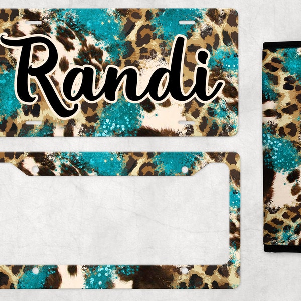 Turquoise Cow with Leopard Personalized License Plate-Car Accessories-Turquoise Cowhide Car Coasters