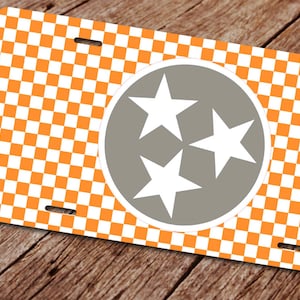 Tennessee License Plate. License Plate Frame. Orange White Checkerboard. TN State Flag. Tri Stars Smokey Grey