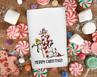 Merry Christmas Tipsy Snowman Wine Glass Kitchen Towel - Christmas Tea Towel - Kitchen Decor - Funny Wine Gift - Snowman Holiday Funny Towel