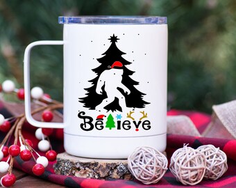 BigFoot Coffee Mug, Big Foot Christmas Travel Mug, Believe Coffee Mug, Sasquatch Christmas Mug,