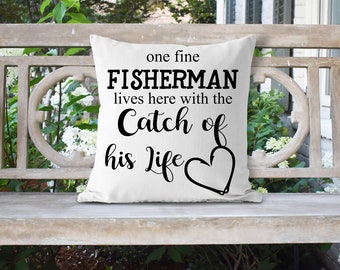 Fine Fisherman and His Catch Pillow 18x18 Pillow//Custom Pillows//Housewarming Gifts//Pillow Cover//Throw Pillow//