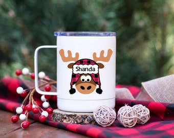 Moose Kids Cup / Christmas Cups / Personalized Christmas Cups / Moose Tumbler / Kids Christmas Tumbler / Plaid Moose Mug /Kids Cup w/ Lid