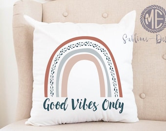 Good Vibes Only Pillow Cover. Boho Rainbow Pillow Cover.