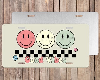 License Plate, Retro Good Vibes License Plate, Smiley Face License Plate