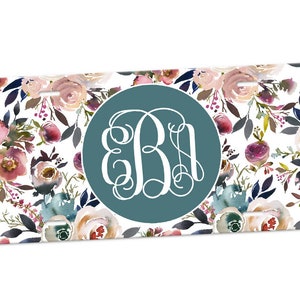 Floral Car Tag, Misty Rose Dusty Blue License Plate Frame, Floral Car Coasters, Monogram Key Chain, Floral Monogram License Plate