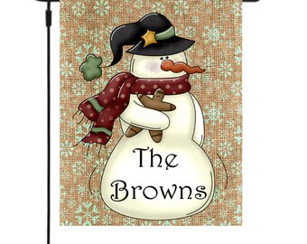 Bandera personalizada del jardín de Navidad. Bandera de jardín de snowman personalizada. Marcador de la Casa de Navidad. Regalos personalizados. Regalos de calentamiento de la casa.