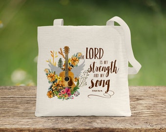 LORD is my STRENGTH Tote Bag, Retro Shopping Tote, Farmer's Market Tote, Scripture Shopping Bag, Linen Tote Bag,  Church Tote Bag