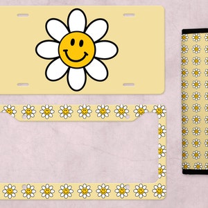 Retro Smiley Face Flower-Retro Daisy License Plate-Hippie Flower License Plate Frame-Hippie Flower Car Coasters