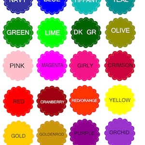 Puede incluir: Una tabla de 16 muestras de color con los nombres de cada color escritos en texto negro. Los colores son azul marino, azul, tiffany, verde azulado, verde, lima, verde oscuro, oliva, rosa, magenta, girly, carmes&iacute;, rojo, ar&aacute;ndano, rojo anaranjado, amarillo, dorado, dorado, morado y orqu&iacute;dea.