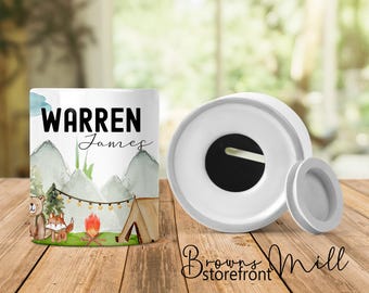 Personalized Coin Bank - Personalized Money Bank - Custom Coin Bank - Camping Coin Bank - Woodland Coin Bank