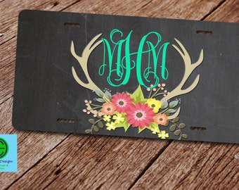 Rustic License Plate, Floral and Antlers License Plate, License Plate Frame. Watercolor Car Tag, Front Car Tag,Key Chain, Monogram Car Tag