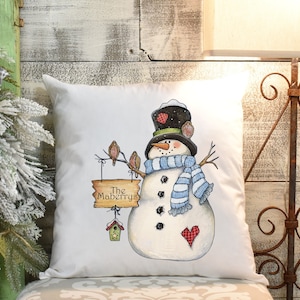 Christmas Pillow/Winter Pillow Cover/Snowman Throw Pillow/Personalized Christmas Pillow/Holiday Snowman Pillow/Rustic Snowman Pillow