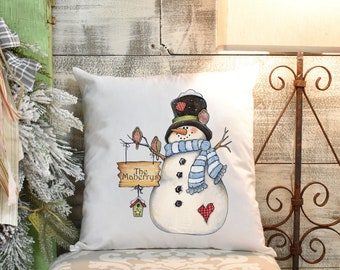 Christmas Pillow/Winter Pillow Cover/Snowman Throw Pillow/Personalized Christmas Pillow/Holiday Snowman Pillow/Rustic Snowman Pillow