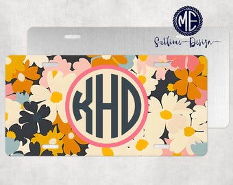 Retro Flower License Plate - Personalized License Plate Frame - Flower Car Coasters - Retro Flower Hitch Cover