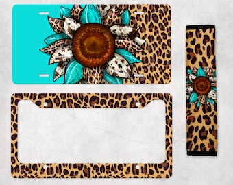 Leopard Floral License Plate, Western Sunflower License Plate, Front Car Tag, Animal Print Plate Frame, Leopard Car Coasters, Western Car