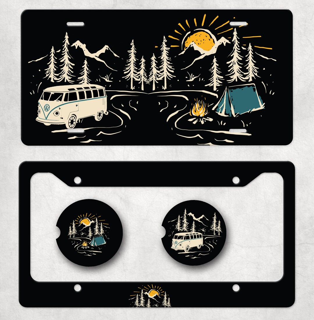 Camping License Plate, Hippie Van Front Car Tag, Retro License Plate, Camping Bus Car Coasters