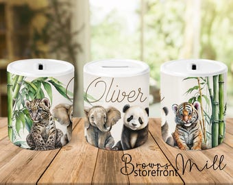 Personalized Coin Bank - Personalized Money Bank - Custom Coin Bank - Jungle Animals Coin Bank - Baby Jungle Animal Coin Bank