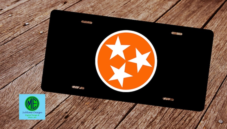 Matrícula de la bandera del estado de Tennessee. Marco de matrícula. Matrícula Tri Star. Matrícula negra y naranja de Knoxville. imagen 1