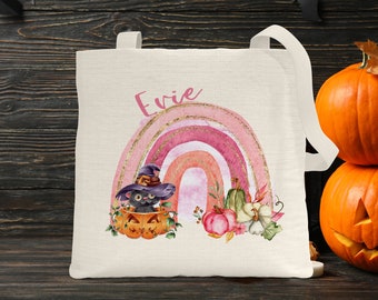 Personalized TRICK or TREAT BAG, Customized Shopping Bag,  Fall Goodie Bag, Halloween Tote Bag, Black Cat Halloween Bag,