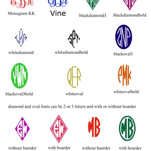 May include: A collection of monogram designs in various fonts and colors, including red, blue, green, and purple. The designs feature diamond and oval shapes, with options for 2 or 3 letters, with or without borders. Text includes "Monogram KK", "Vine", and "ME Sublime Design".
