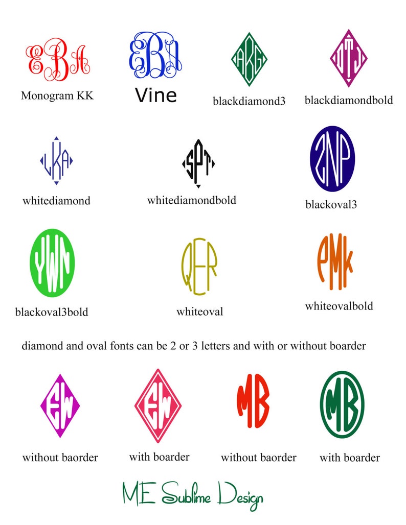 May include: A collection of monogram designs in various fonts and colors, including red, blue, green, and purple. The designs feature diamond and oval shapes, with options for 2 or 3 letters, with or without borders. Text includes "Monogram KK", "Vine", and "ME Sublime Design".
