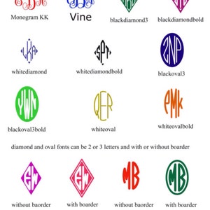 Puede incluir: Un gr&aacute;fico que muestra diferentes estilos de fuente de monograma. Los estilos incluyen: Monogram KK, Vine, blackdiamond3, blackdiamondbold, whitediamond, whitediamondbold, blackoval3, blackoval3bold, whiteoval, whiteovalbold. La imagen tambi&eacute;n muestra ejemplos de fuentes de diamante y &oacute;valo con y sin bordes.