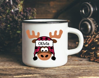 Taza de campamento personalizada, taza de campamento para niños, taza de coco caliente para niños, taza de alce para niños, taza de alce a cuadros, taza de campamento de Navidad, alce de Navidad